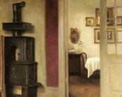 卡尔 霍尔索 : An Interior with a Stove and a View into a Dining Room